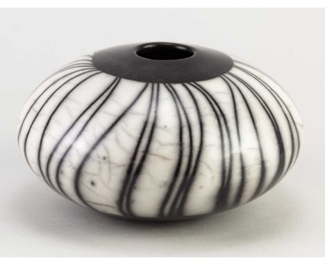 † ASHRAF HANNA (born 1967); a squat globular naked raku vessel with linear decoration, incised ASH mark, height 8.5cm.Conditi