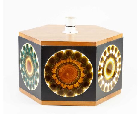 † ALAN WALLWORK (1931-2019); a hexagonal wooden lamp base inset with six circular earthenware tiles featuring different desig