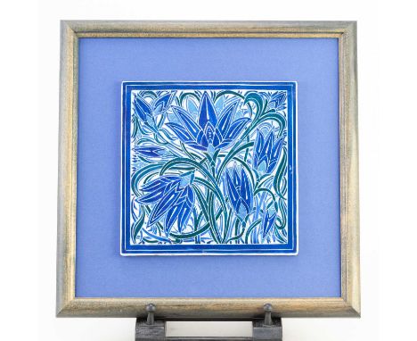 † JULIA CARTER PRESTON (1926-2012); a square earthenware tile with sgraffito decoration picked out in Persian blue and green 