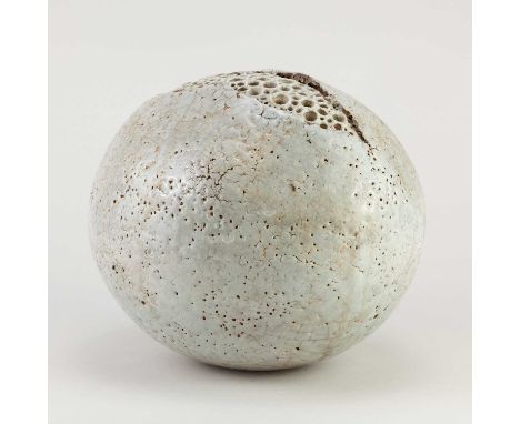 † ALAN WALLWORK (1931-2019); a large stoneware seed pod with pierced top covered in white and pale grey glaze, incised AW mar