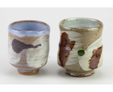 ROELOF UYS (born 1971) for Leach Pottery; a stoneware yunomi partially covered in brushed slip with iron and copper green dec