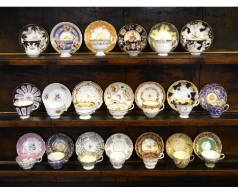 Twenty assorted 19th century cups and saucers to include Ridgway, Coalport, Hilditch, G.F. Bowers, Machins, Alcock, Brown Wes