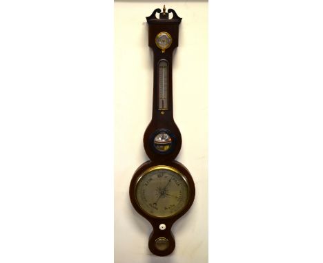 A 19th century mahogany wheel barometer with swan-neck pediment over damp-meter, alcohol thermometer, convex mirror main silv