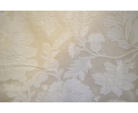 A pair of lined and inter-lined pale maize damask curtains, each curtain 114 cm wide x 228.5 cm drop 