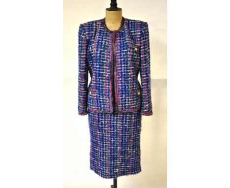 A Paula Klein Paris 'Chanel-style' open weave wool tweed suit in blue/grey/green/pink with gilded pearl buttons, size 10/12 C