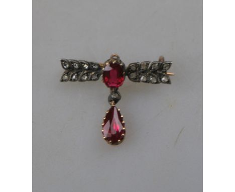 A synthetic ruby and rose diamond bar brooch having synthetic ruby and rose diamond drop Condition Report Showing soft solder
