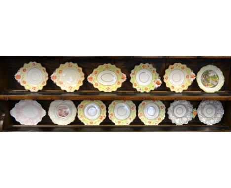 A small collection of early 19th century polychrome creamware comprising a Ridgway vine moulded part dessert service, patt. 6