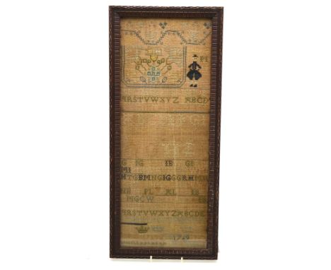 An 18th century cross-stitch alphabet sampler embellished with clerical figure, shrubbery, crowns and other motifs, by Sibbel