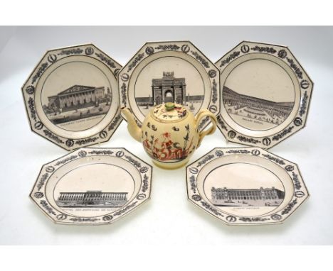 Five early 19th century octagonal cream ware plates, black transfer decorated with scenes of Paris, four impressed Choisy to 