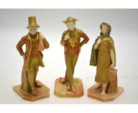 Three Victorian Royal Worcester shot enamel figures, comprising a jester, no 2313, 17.5 cm high; lady with basket (patent), 1
