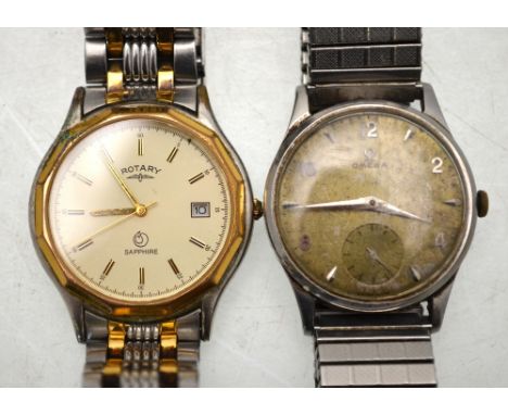 A gentleman's stainless steel Omega wristwatch with 17-jewel movement no.14110026 on expanding bracelet, to/w a Rotary Sapphi