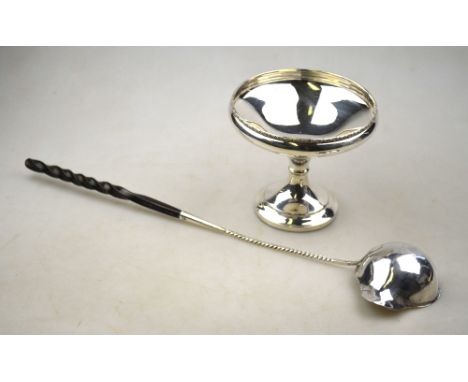 A 19th century French punch ladle with lipped bowl on twisted whalebone stem, .950 grade, to/w a stemmed bonbon dish on weigh