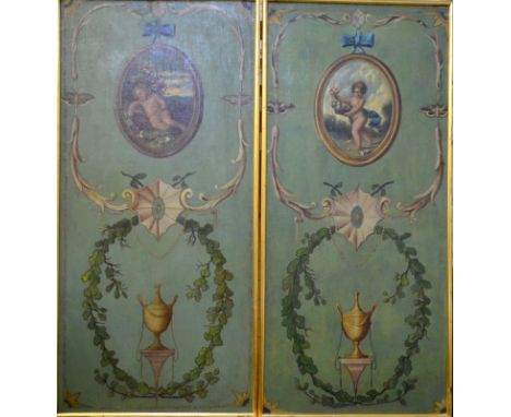 A pair of trompe l'oeil panels in the classical manner with Watteauesque roundels featuring putti, garland, urn on stand and 