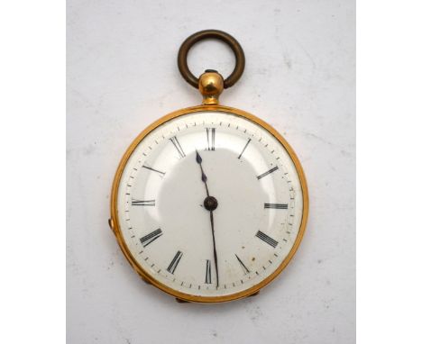 A Swiss fob watch with 18k engraved back and enamel dial, the key-wind movement with eight rubies