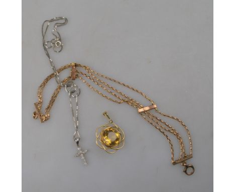 A 9ct white gold box link chain having cubic zirconia cross attached; yellow metal bracelet (damaged) and a citrine pendant i