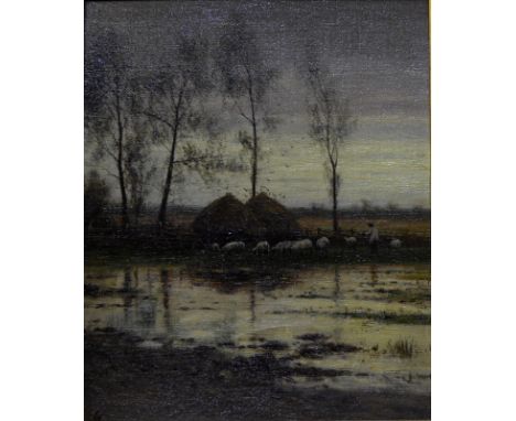 W H Hulk - 'Evening - near Guildford', oil on canvas laid on board, signed with initials lower left and inscribed verso, 29 x