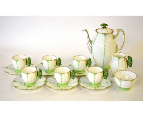 An Aynsley Art Deco coffee service having green butterfly handles and finial to the coffee pot, printed marks and comprising 