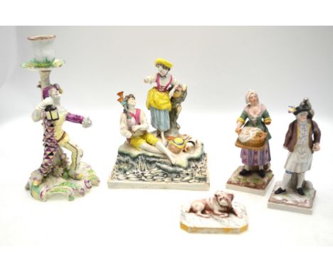 A continental porcelain model of Hogarth's dog 'Trump' lying on a rectangular chamfered base, 11 x 8.5 cm to/w a 19th century