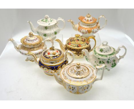 Seven Ridgway 19th century teapots and covers, c. 1810 - 1840's including patterns: 2/6929, 2/3782, 2/893, 2/1039 and 2/620  