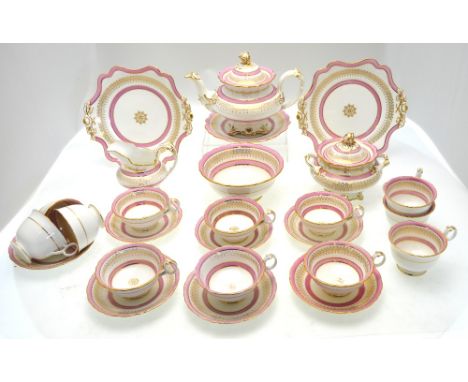 An early Victorian Ridgway tea and coffee service decorated with pink bands and gilding , patt. 2/7049, comprising teapot, co