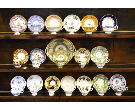 Seventeen assorted 19th century cups and saucers to include Davenport, Ridgway, Daniel, Alcock, Derby, Zachariah Boyle and Co