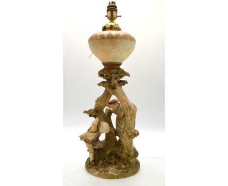 James Hadley (1837-1903) for Royal Worcester porcelain figural oil lamp (converted to electricity) modelled as two children b