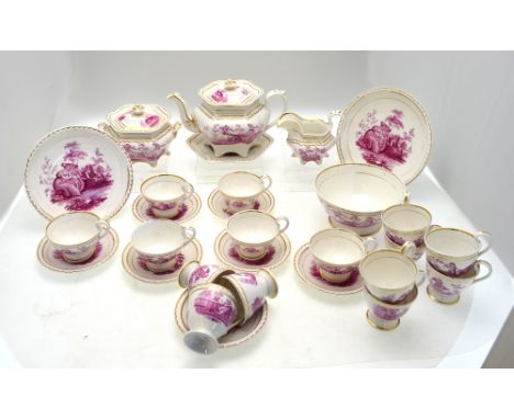 A Ridgway early 19th century tea and coffee service decorated with a puce transfer print of Arcadian and allegorical scenes, 