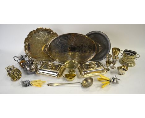 A French 'moyenne' grade soup ladle, to/w a pair of electroplated entree dishes and covers, two gallery trays, goblet, flatwa