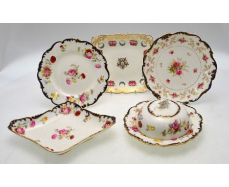 A late 19th century Cauldon 'Tea for One' service decorated with a garland of pink roses, bearing Burley & Co, Chicago retail