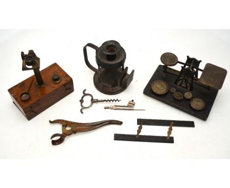 A pair of postage scales with Art Nouveau style pillars, to/w a Victorian patinated steel Lund-style corkscrew - The Tangent 
