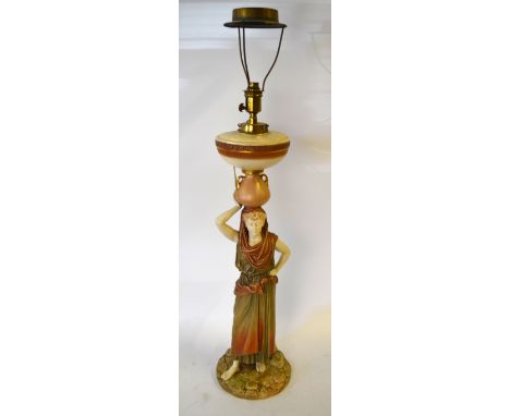 James Hadley (1837-1903) for Royal Worcester porcelain figural oil lamp (converted to electricity) modelled in the form of a 