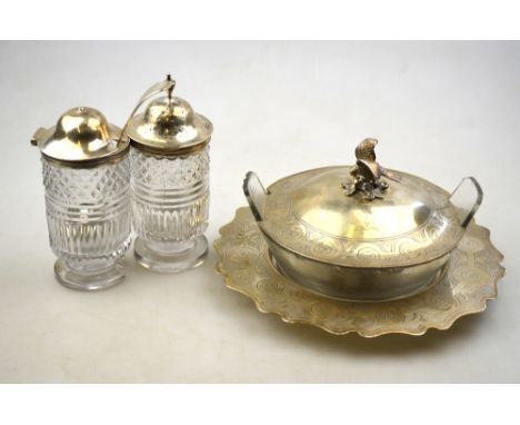 A Victorian cut glass butter dish with engraved silver cover and stand and parrot finial, Martin, Hall & Co., Sheffield 1861/