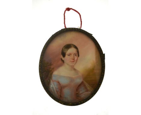 Suzanne Lhuillier Perregaux (attrib.) a 19th century oval miniature three quarter length portrait of a young woman in a pale 