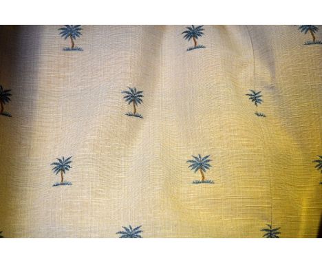 A pair of interlined textured sand yellow curtains with green palm tree pattern, each curtain 112 cm wide x 267 cm drop  Cond