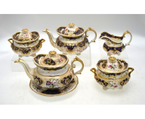 Zachariah Boyle - teapot, cover and stand and matching sugar box and cover, highly gilded with reserves of mazarine blue and 