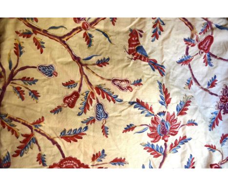 Two pairs of lined and inter-lined curtains printed with Asiatic birds in flight and blossoming branches in red/blue on cream