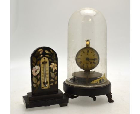 A 19th century Briggs Rotary Pendulum clock (incomplete) with associated glass dome, to/w a 19th century mercury desk-thermom