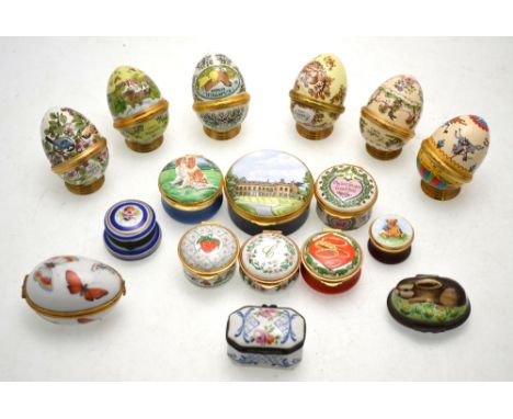 Six Halcyon Days enamel Easter eggs - 1976, 78, 81-83, to/w two Halcyon Days pill-boxes, six Staffordshire enamel examples an