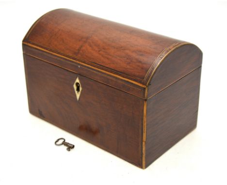 A 19th century satinwood and boxwood-strung tea caddy with domed top and two lidded inner compartments, 17.5 cm