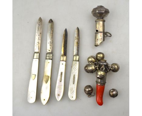 Four various penknives with silver blades and mother-of-pearl handles, to/w an unmarked baby's rattle with coral teether (f/r