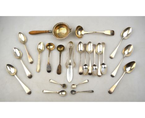 A quantity of Georgian and later silver teaspoons and other flatware, 8.7 oz total, to/w a tea strainer with turned wood hand