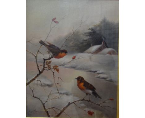 M Gozzard - 'Winter' and 'Spring', a pair of studies of birds on branches, oil on canvas, signed, 43 x 34 cm (2) Condition Re