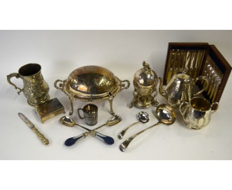 A quantity of Victorian and later electroplated tableware, including an oval revolving breakfast dish, a Cambridge University