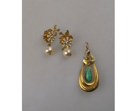 A drop pendant in the style of Miriam Haskell to/w a pair of simulated pearl cluster drop earrings