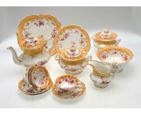 A Victorian Clarke & Cope part tea service decorated in the Chinoiserie style with flowers, basket and foliage comprising tea