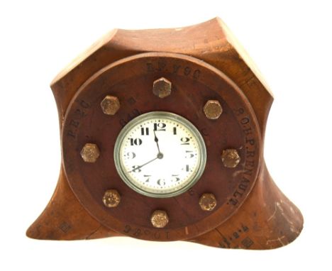 A World War I period French propellor boss mantel clock with Buren movement and white enamelled dial, the boss stamped 'B E 2