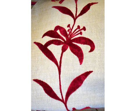 A pair of lined and inter-lined natural linen ground curtains with red cut velvet lily design, each curtain 168 cm wide x 312