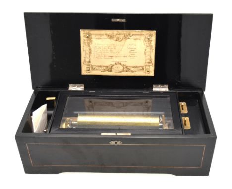 A late 19th century Swiss cylinder music box, the 21 cm cylinder playing eight airs by S F Auberson, in ebonised walnut case 