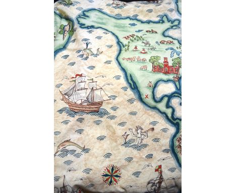 Pair of lined and inter-lined nursery curtains printed with treasure maps and sailing vessels, each curtain 110 cm across x 2