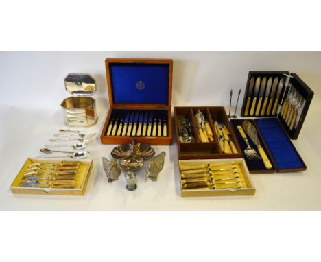 A Mappin & Webb Princes plate biscuit box, a pair of woodcock table ornaments, cased pair of electroplated fish servers with 